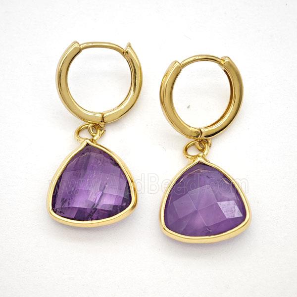 Purple Amethyst Copper Hoop Earrings Triangle Gold Plated