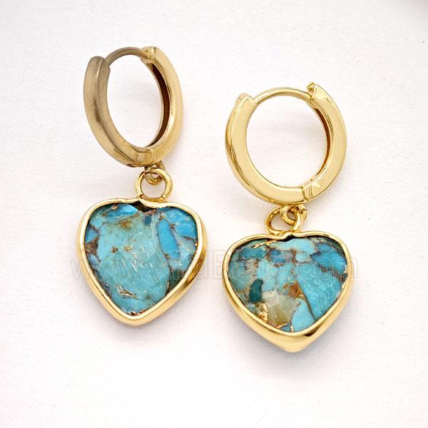 Mosaic Turquoise Copper Hoop Earrings Heart Gold Plated