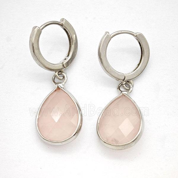 Pink Rose Quartz Copper Hoop Earrings Teardrop Platinum Plated