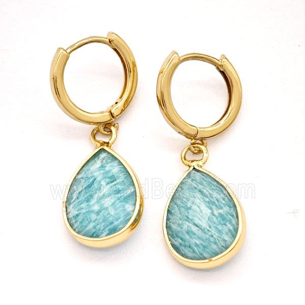 Green Amazonite Copper Hoop Earrings Teardrop Gold Plated