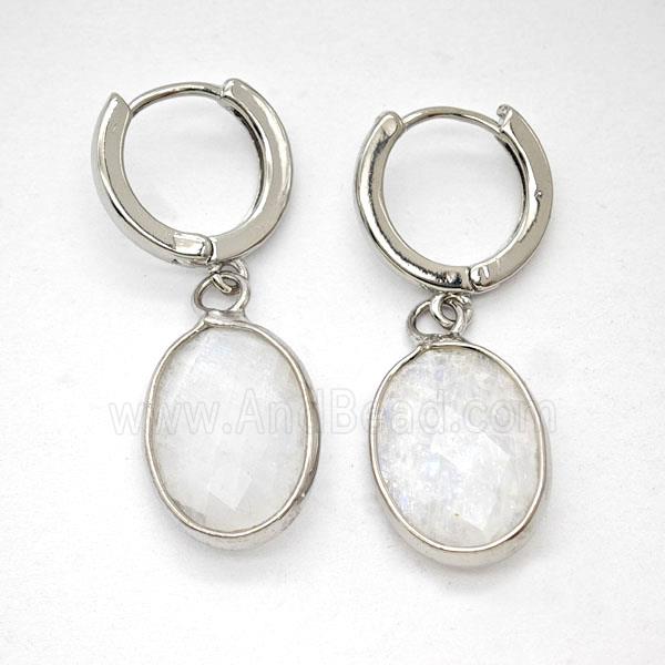 White Moonstone Copper Hoop Earrings Oval Platinum Plated