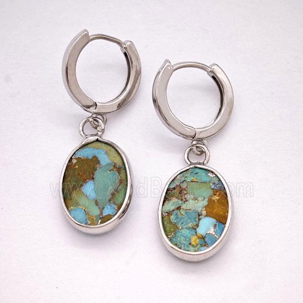Mosaic Turquoise Copper Hoop Earrings Oval Platinum Plated