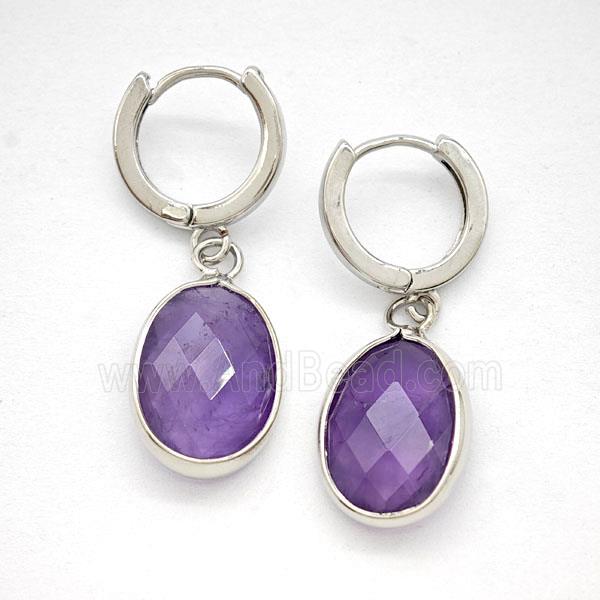 Purple Amethyst Copper Hoop Earrings Oval Platinum Plated