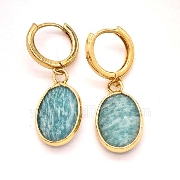 Green Amazonite Copper Hoop Earrings Oval Gold Plated