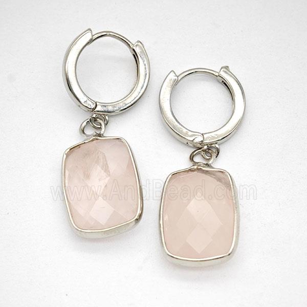 Pink Rose Quartz Copper Hoop Earrings Rectangle Platinum Plated