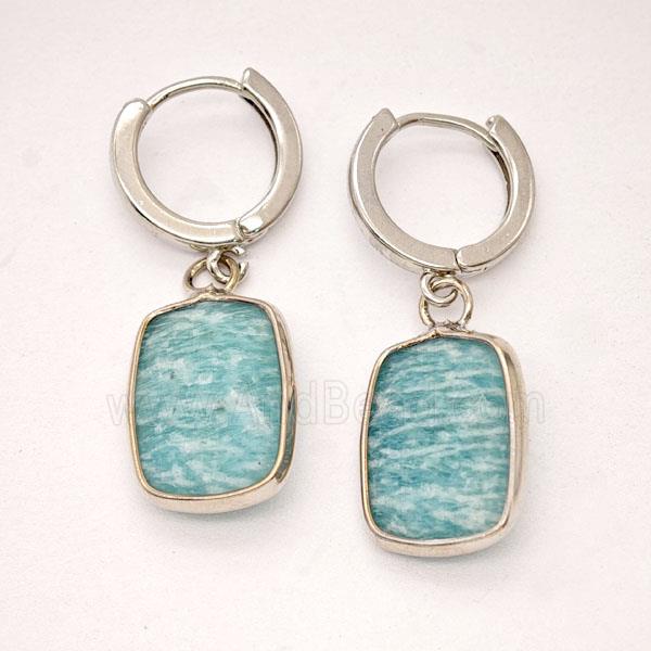 Green Amazonite Copper Hoop Earrings Rectangle Platinum Plated