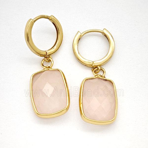 Pink Rose Quartz Copper Hoop Earrings Rectangle Gold Plated
