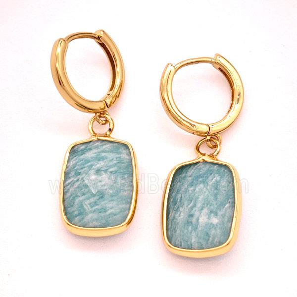 Green Amazonite Copper Hoop Earrings Rectangle Gold Plated