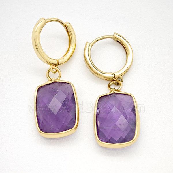 Purple Amethyst Copper Hoop Earrings Rectangle Gold Plated