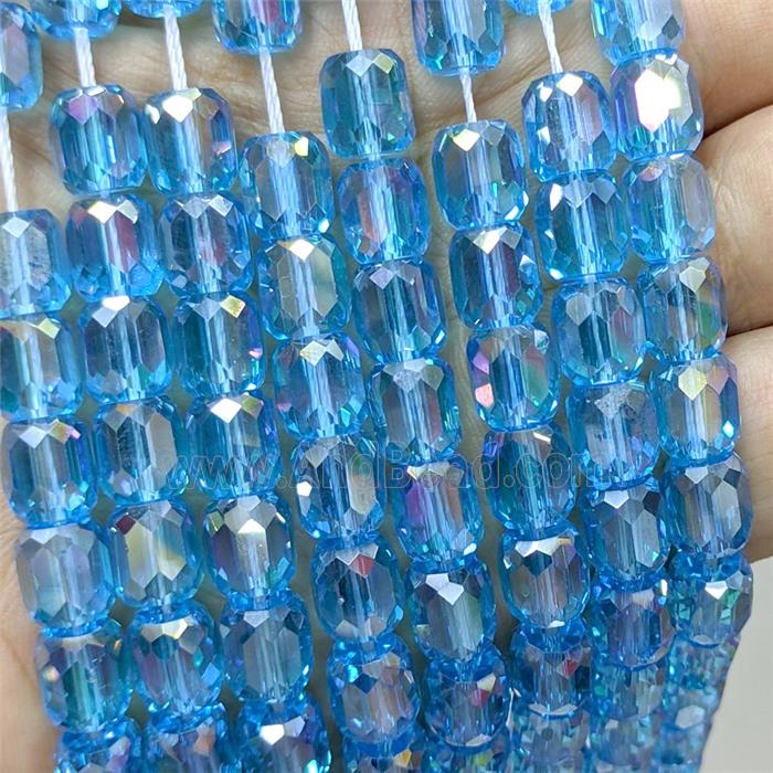 Blue Crystal Glass Barrel Beads Faceted Electroplated