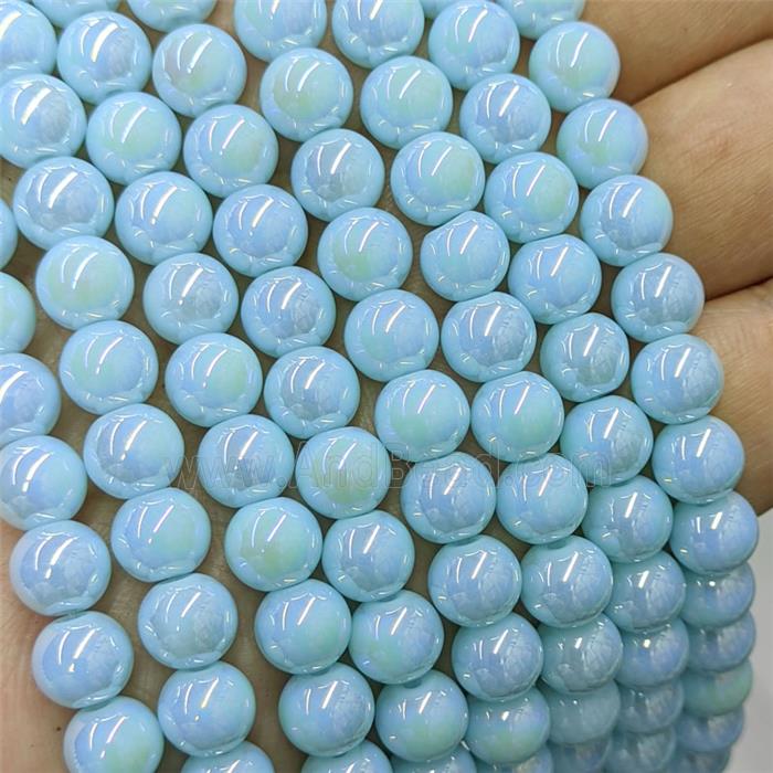 Blue Jadeite Glass Beads Smooth Round Electroplated