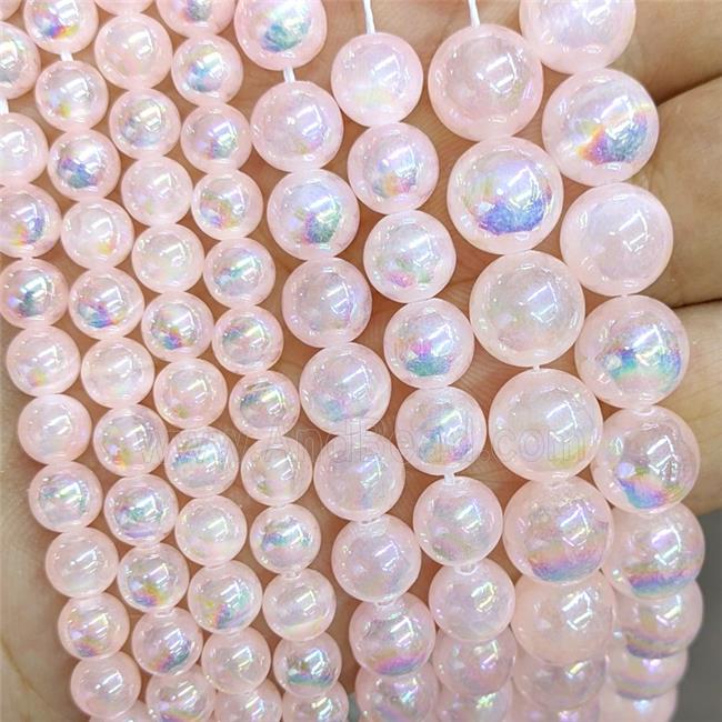 Pink Naural Selenite Beads Electoplated Smooth Round