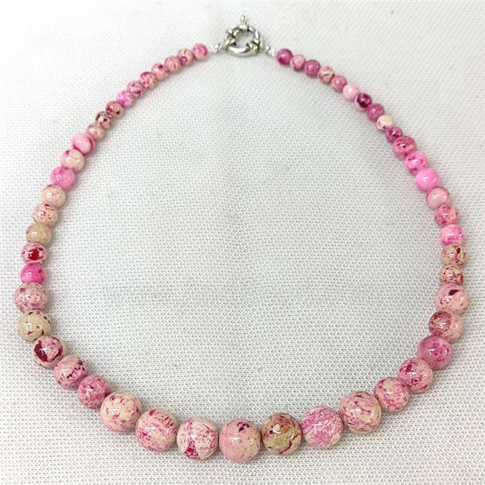 Natural River Jasper Graduated Necklace Hotpink Dye Smooth Round