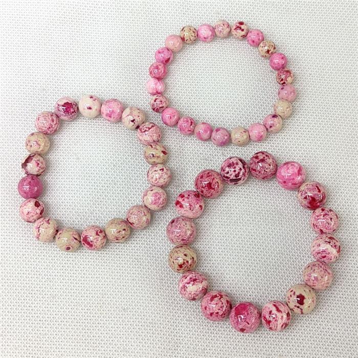 Natural River Jasper Bracelets Hotpink Dye Smooth Round Stretchy