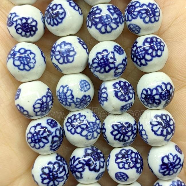 Porcelain Round Beads Blue Flower