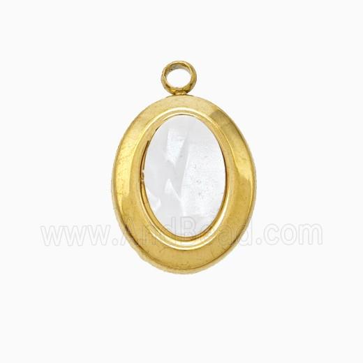 Stainless Steel Oval Pendant Pave Shell Gold Plated