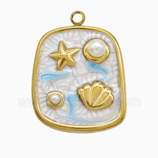 Stainless Steel Starfish Shell Pendant Pave Resin White Painted Gold Plated