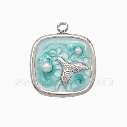 Raw Stainless Steel Mermaid-Tail Pendant Pave Resin Green Painted