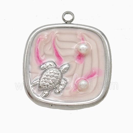 Raw Stainless Steel Tortoise Pendant Pave Resin Pink Painted