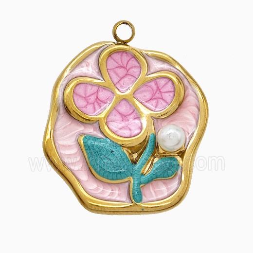 Stainless Steel Flower Pendant Pink Painted Gold Plated