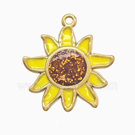Stainless Steel Sunflower Pendant Yellow Enamel Gold Plated