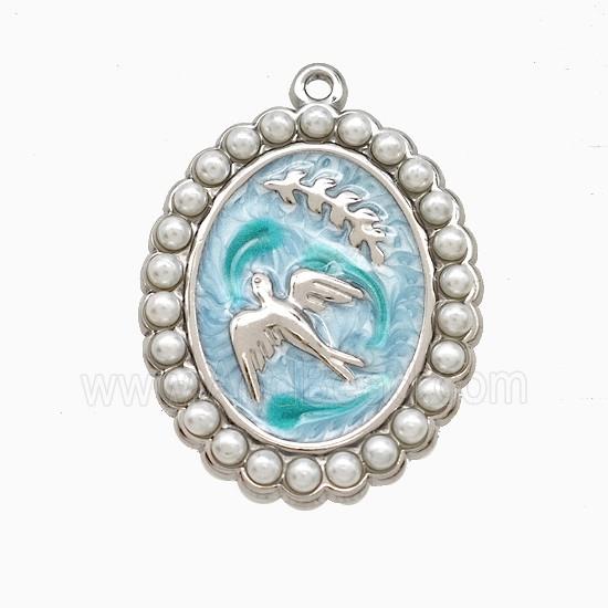 Raw Stainless Steel Bireds Pendant Pave Resin Teal Painted Leaf