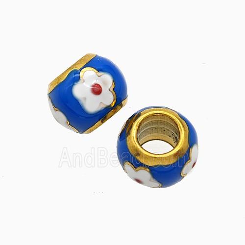 Stainless Steel Round Beads Blue Enamel Large Hole Flower Gold Plated