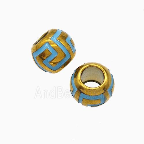Stainless Steel Round Beads Blue Enamel Large Hole Gold Plated