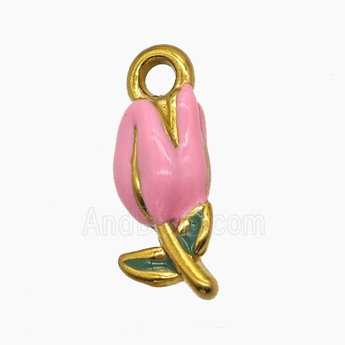 Stainless Steel Tulip Pendant Pink Enamel Flower Gold Plated