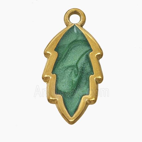 Stainless Steel Leaf Pendant Green Painted Gold Plated