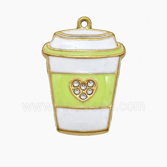 Stainless Steel Cup Pendant Pave Rhinestone Green Enamel Gold Plated