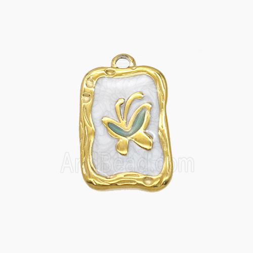 Stainless Steel Butterfly Pendant White Enamel Rectangle Gold Plated