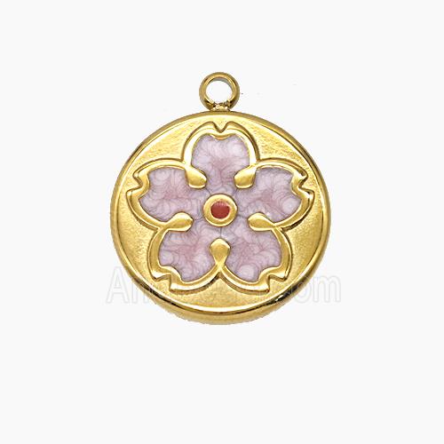 Stainless Steel Flower Pendant Pink Enamel Gold Plated