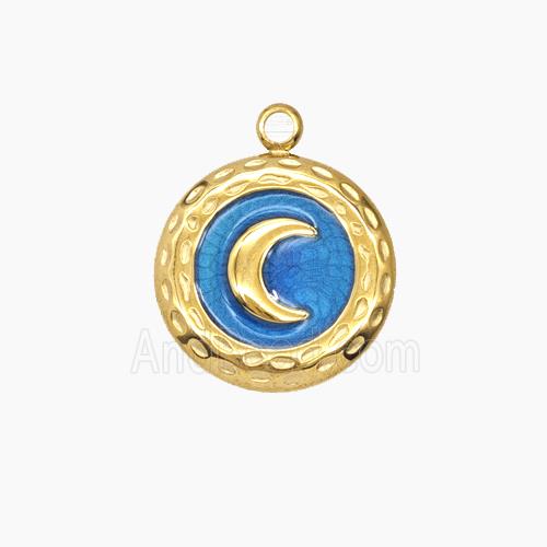 Stainless Steel Moon Pendant Blue Enamel Gold Plated
