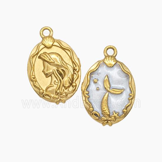 Stainless Steel Mermaid Pendant White Enamel Gold Plated
