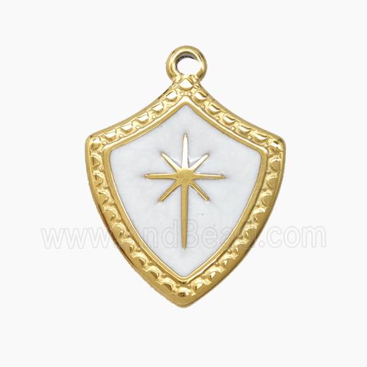 Stainless Steel Shield Pendant White Enamel Northstar Gold Plated