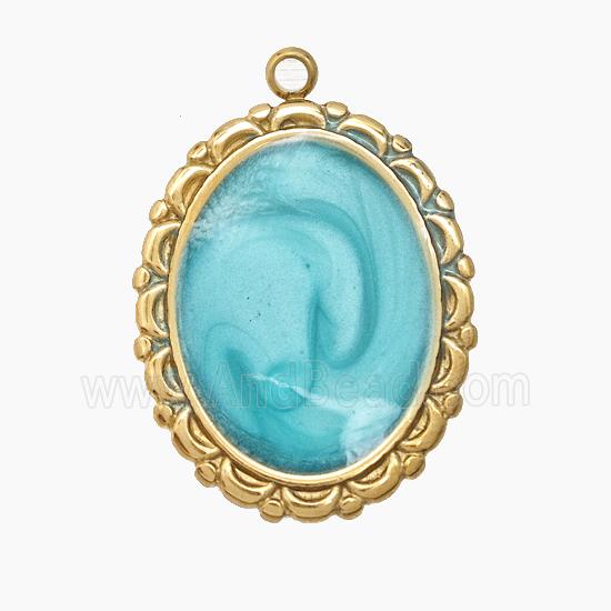 Stainless Steel Oval Pendant Green Enamel Gold Plated