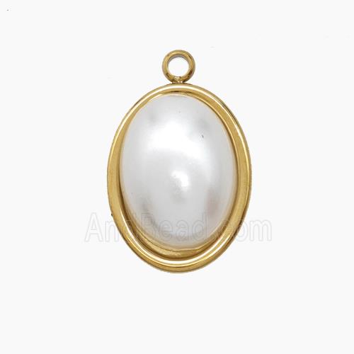 Stainless Steel Oval Pendant Pave Pearlized Resin Gold Plated