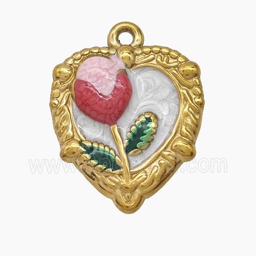 Stainless Steel Lichee Pendant Painted Heart Gold Plated