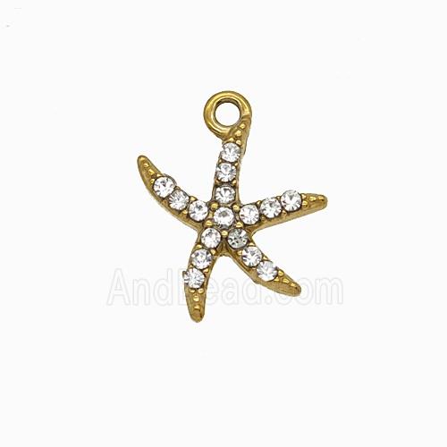Stainless Steel Starfish Pendant Pave Rhinestone Gold Plated
