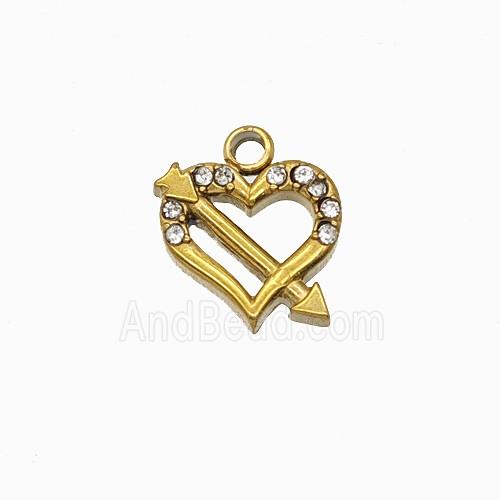 Stainless Steel Cupid Arrow Heart Pendant Pave Rhinestone Gold Plated