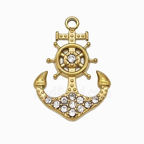 Stainless Steel Anchor Ship Wheel Pendant Pave Rhinestone Gold Plated