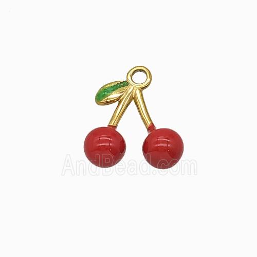 Stainless Steel Cherry Pendant Red Enamel Gold Plated