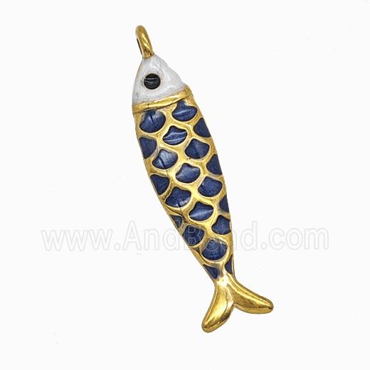 Stainless Steel Fish Pendant Inkblue Painted Gold Plated