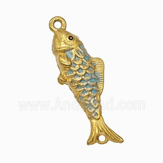 Stainless Steel Fish Pendant Teal Painted Gold Plated