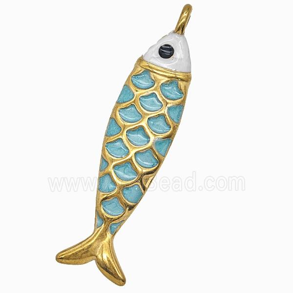 Stainless Steel Fish Pendant Teal Painted Gold Plated