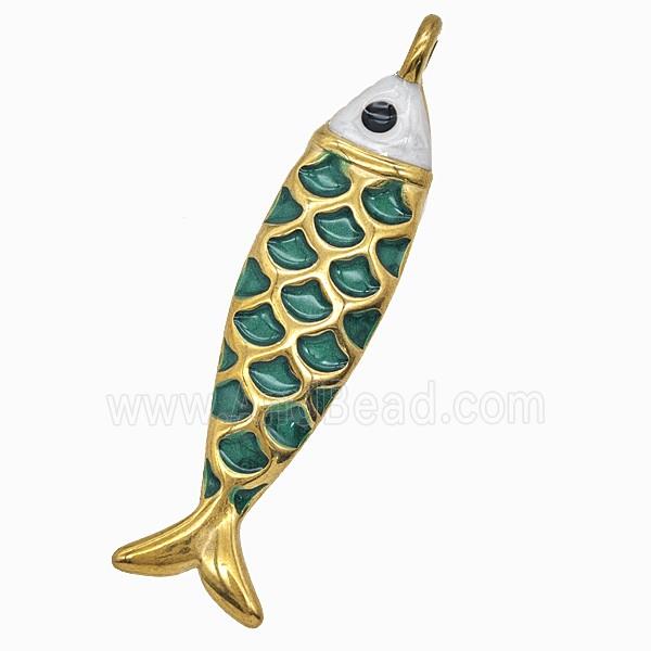 Stainless Steel Fish Pendant Green Painted Gold Plated