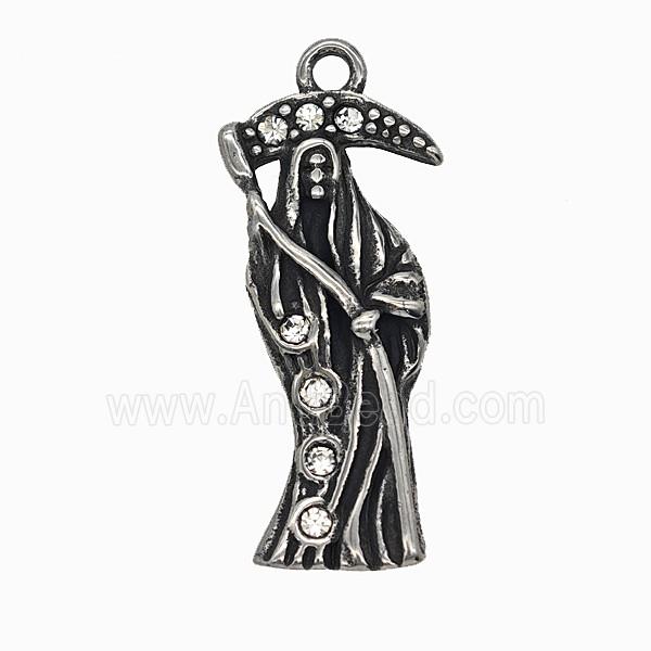 Gothic Grim Reaper Death Charms 304 Stainless Steel Pendant Pave Rhinestone Antique Silver