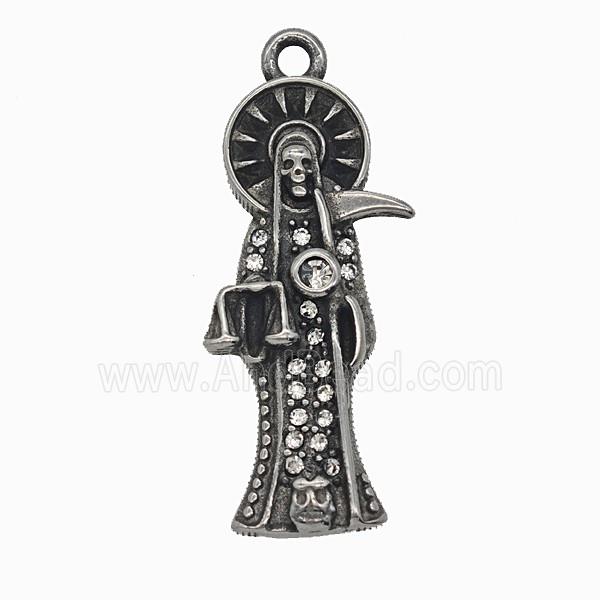 Gothic Grim Reaper Death Charms 304 Stainless Steel Pendant Pave Rhinestone Antique Silver
