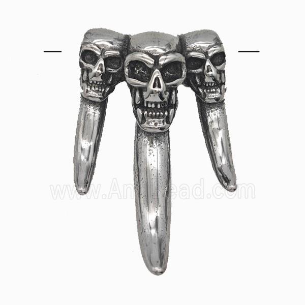 Triple Skull Charms 304 Stainless Steel Pendant Antique Silver